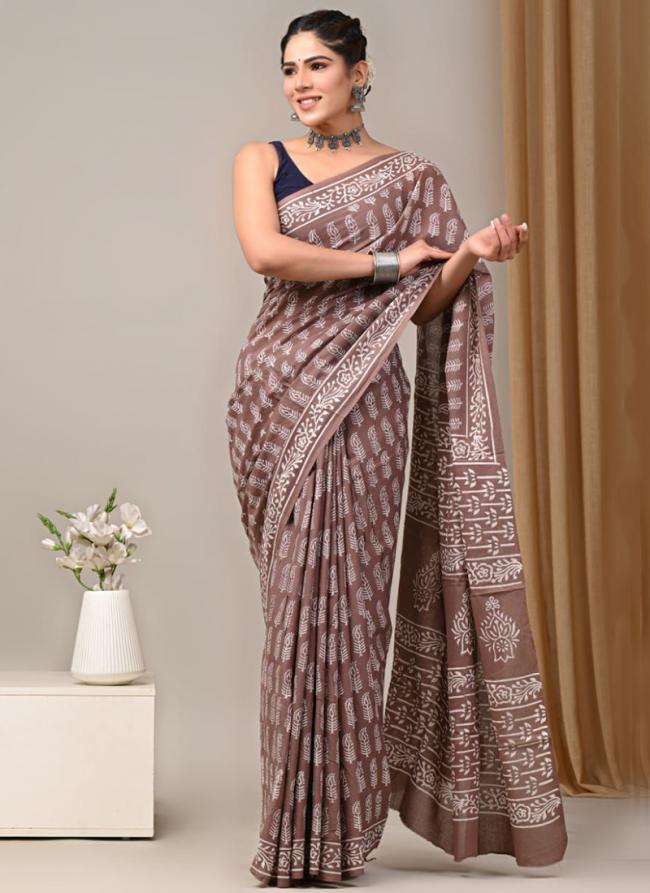 Cotton Brown Casual Wear Printed Saree